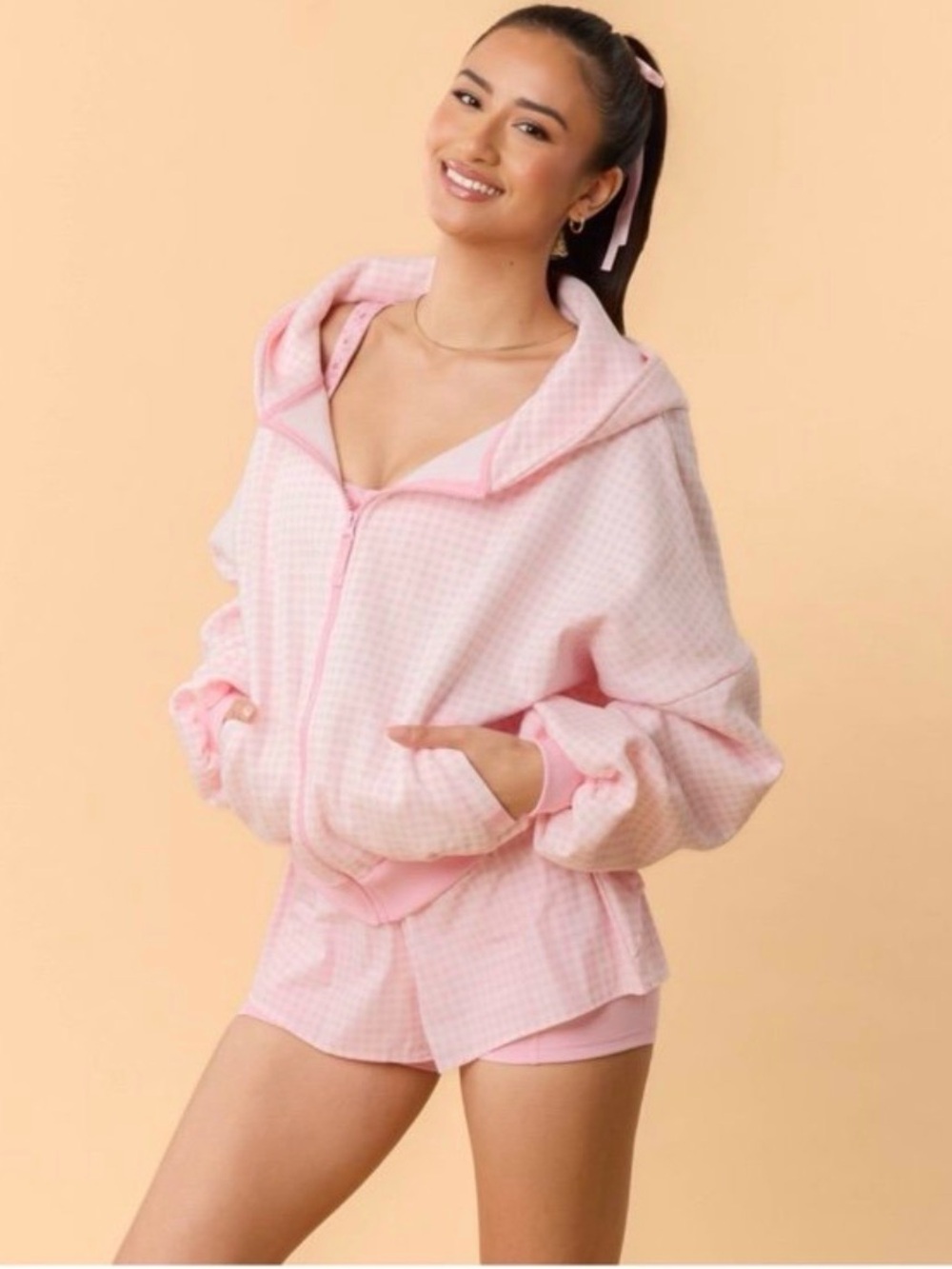 🌸NWOT BLOGILATES PINK GINGHAM MARSHMALLOW HOODIES SIZE XS🌸